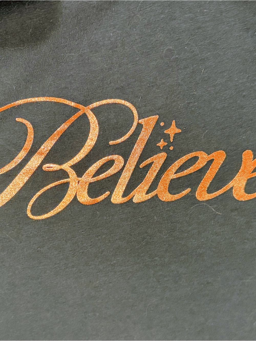 Old Navy “Believe" Graphic Tee - Dark Grey with Copper Shimmery Script Size S